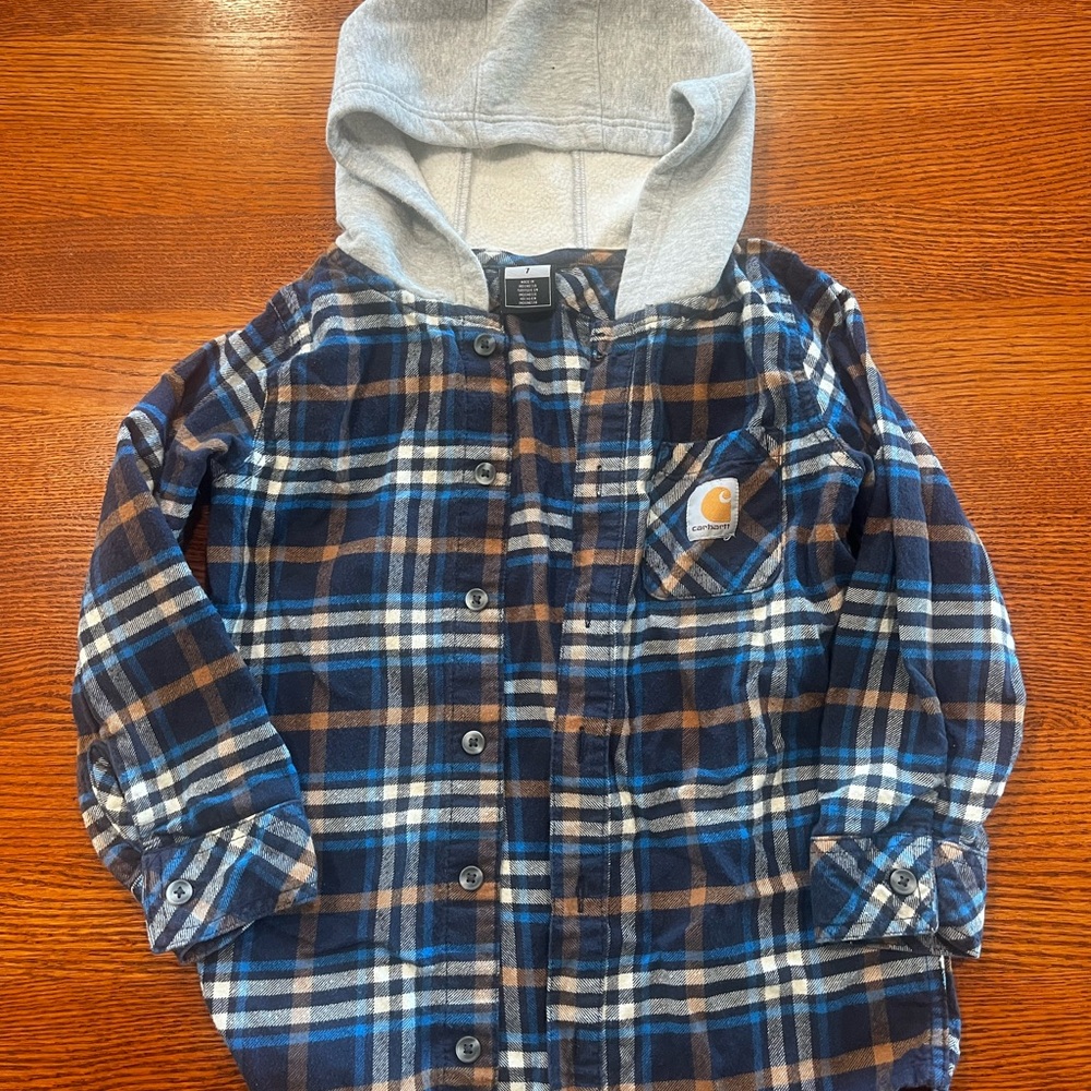Carhartt Kids Blue and Brown Plaid Shirt with Gray Hood